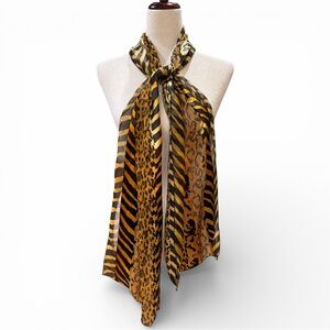 Mixed Animal Print Silky Scarf in Black, Brown and Gold Tones